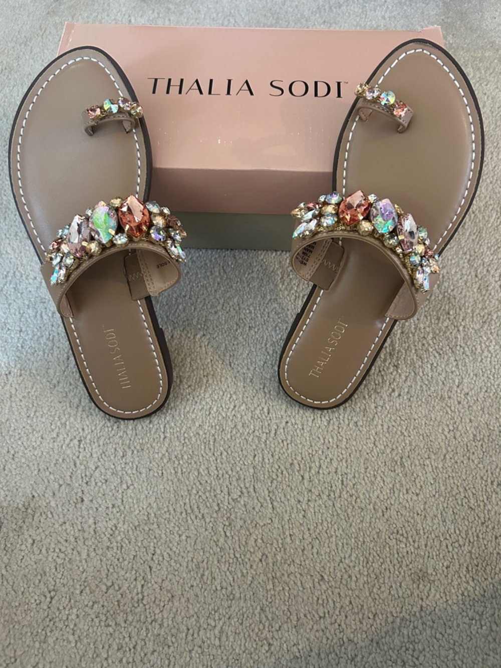 Thalia Sodi Weylin Crystal-Embellished Tan Slide Sandals